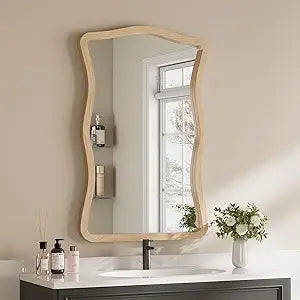 ULIKE Wavy Wall Mirror for Bathroom, 24x36 Wood Frame Mirror for Over Sink, Rustic Wall Mirrors Decorative and Vanity Mirrors for Bedroom Living Room Entryway, Natural