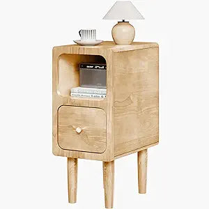 Narrow Nightstand, Solid Wood Night Stand with Drawers, Natural Mid Century Modern Nightstand, Small Bedside Table with Open Storage Shelf for Bedroom (10 Inch)