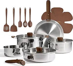 CAROTE 19pcs Stainless Steel Cookware Set with Detachable Handle, Pots and Pans Set, Induction Kitchen Cooking Sets, RV/Camping Cookware, Removable Handle, Oven Safe, Woodgrain, Mothers Day Gifts