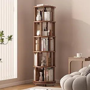 Muwuele Solid Wood Rotating Bookshelf on Wheels, 5 Tier, Round Revolving Bookcase, 360 Spinning Book Shelf Tower for Kids, Narrow Rolling Bookshelves for Small Space, Corner, Bedroom, Office, Walnut