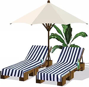 Fumete 2 Pack Summer Lounge Chair Cover 30 x 85 Inch Pool Chaise Lounge Towel Microfiber Spa Beach Chair Towel Portable Striped Outdoor Patio Furniture Cover for Sunbathing Picnic(Navy Blue)