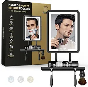 Shower Mirror Fogless for Shaving with Light - Heated Anti Fog Bathroom Mirror Razor Holder Recharegable 5000mAh Battery 3 Colors Dimmable Adhesive Wall Mount Shower Accessories Gift for Men(Black)