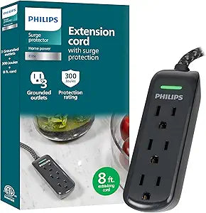 Philips 3-Outlet Flat Plug Extension Cord with Multiple Outlets, 8 Ft