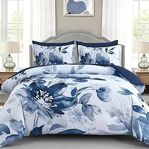 Luxudecor Floral Comforter Set Queen Size, 7 Piece Blue Flower Set Bed in a Bag,Soft Microfiber Farmhouse Shabby Chic Bedding Set for All Seasons(90"x90")