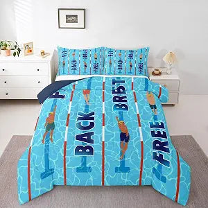Homewish Swimming Comforter Set Twin Size,3D Blue Swimming Pool Bedding Sets 2Pcs,Swimmer Quilted Duvet for Kids Girls Boys Teens Room Decor,Swim Sports Lover Down Comforter,1 Pillowcase