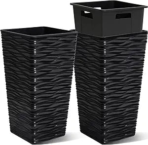 Worth 2 Pack 22" Tall Plastic Square Tapered Planter with Inside Pots for Indoor or Outdoor Use, Modern Wavy Finish for Front Porch or Deck, Black