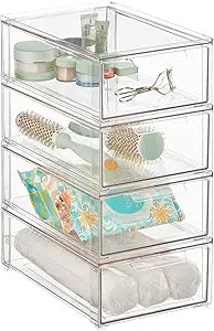 mDesign Plastic Stackable Bathroom Storage Organizer Bin with Pull Out Drawer for Cabinet, Vanity, Shelf, Cupboard, Cabinet, or Closet Organization - Lumiere Collection - 4 Pack - Clear