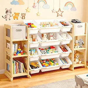 Extra Large Toy Storage Organizer for Kids - 3-in-1 Wooden Bookshelf with 6 Shelves, 12 Bins + Free 2 Storage Boxes, Anti-Tip for Playroom/Nursery