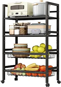 4-Tier Rolling Metal Storage Cart Mobile Organizer with Removable Grid Basket and Locking Wheels, Suitable for Multiple Uses, Black (Large)