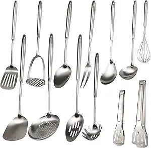 304 Stainless Steel Cooking Utensils Set, 13 PCS Long Large Metal Cooking Utensil Tools Set, Mirror Polished Kitchen Gadget Cookware and Kitchen Tool Set, Dishwasher Safe