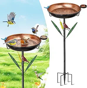 2-in-1 Bird Baths for Outside, 11.8" W Metal Bird Feeder Water Bowl with 5 Prongs Base, 33.5" Vintage Freestanding Garden Birdbaths for Outdoors Patio Yard Lawn Art Decor