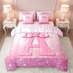 Erosebridal Kids Pink Bowknot Bed in A Bag Twin Size 7 Pieces | Personalized Initial A Comforter Set Preppy Princess Glitter Bedding Set with Sheets Girls Bow Alphabet Teens Bed Quilt Set