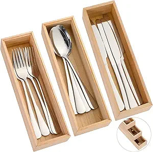 Baderke 3 Pcs Bamboo Drawer Organizer 10 x 3 x 2'' Kitchen Silverware Organizer Tray Long Stackable Storage Box Wooden Utensil Holder with Silverware Set for Kitchen Bathroom Cabinet(Natural)