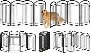Full Metal Free Standing Dog Gate with Door for Indoor Outdoor,192'' Extra Wide 32'' Tall Dog Gates for Doorways,Large Openings,Decks,Freestanding Portable Pet Fence(8 Panels,Black)