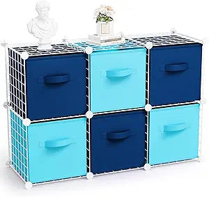 Leinuosen 6 Cube Storage Organizer with 6 Foldable Fabric Storage Bins, Metal Wire Grid Shelves, Stackable Modular Closet Organizer for Bedroom Living Room Office Toys Books(White,Blue)