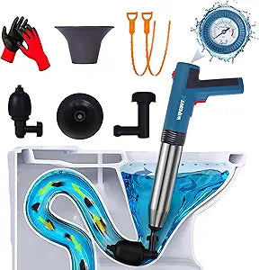 Electric Toilet Plunger with Pressure Gauge, High-Pressure Air Drain Blaster with 4 Attachments, 2 Hair Clog Removers and Reusable Gloves, Unclogs Toilet Sink Shower Bathroom Drains