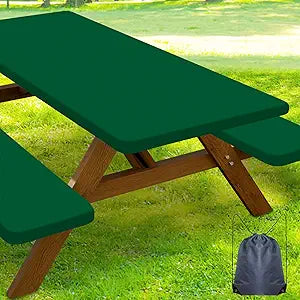 Smiry Picnic Table Cover with Bench Covers, Waterproof Elastic Fitted Polyester Tablecloths for 8 Ft Rectangle Tables, Washable Windproof Tablecloth for Outdoor, Camping (Emerald Green, 30x96 Inches)