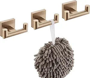 KOKOSIRI Robe Hooks Bath Towel Hooks Bathroom Hardware Double Coat Hooks Wall Mounted, 3 Pack Champagne Bronze Stainless Steel B1015CPG-P3