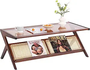 Tiita Rattan Coffee Table, Bamboo Accent Bedside Tables, Glass Nightstand Side Table, Boho Wooden End Table with Storage for Living Room,Living Room, Dining Room, Tea, Home Dcor