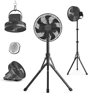 Marchpower 10in Foldable Camping Fan, Detachable Tripod, 10000mAh Rechargeable, Remote Control, Quiet Oscillating, Adjustable Height Pedestal Floor Fan for Home