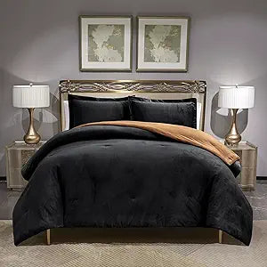 Reversible Comforter Set, Poly Plush Fabric for Both Front and Reverse, with Downalternative Fill, 3 Pieces King 106"x96", Black Caramel