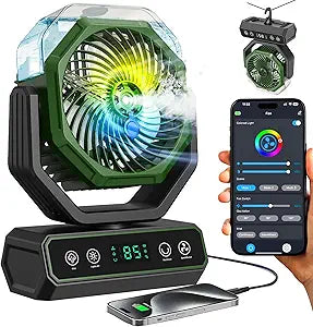 V JULES.V Portable Fan for Bedroom,40000mAh Rechargeable Desk Fan with Smart APP Remote Control,Misting Fan with RGB Lights,Timer,5 Speed Camping Fan for Travel,Tents,Beach,Office,Outdoor-Army Green