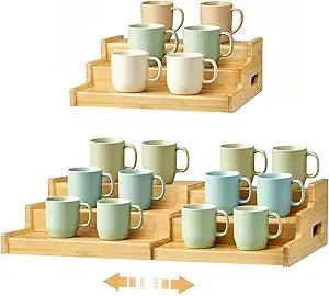 3-Tier Expandable Bamboo Mug Holder for Countertop Coffee Cup Holder Display Mug Organizer Mug Rack for Coffee Bar Organizer Mug Shelf for Cabinet for Kitchen, Home, No Assembly