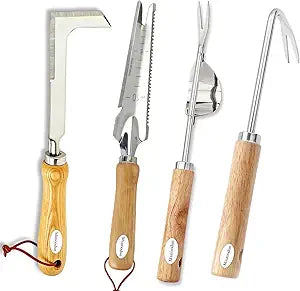 4PCS Garden Weeding Tool Set, Hand Weeder Tools with Wooden Handles, Double Claw Root Hook, V-Shape Weed Puller, Crack Weeder & Stainless Steel Garden Trowel for Digging, Planting & Weed Removal