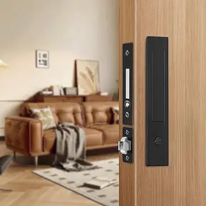 Pocket Door Privacy Lock with Hidden Handle, Heavy Duty Pocket Door Hardware with Edge Pull, Recessed Flush Pull Sliding Door Lock for Bathrooms, Bedrooms, Offices(Black,Privacy Type)