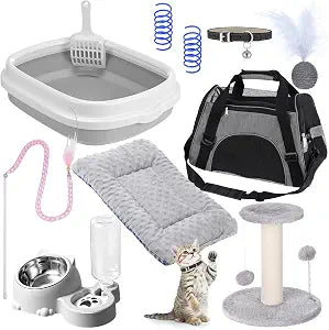 Eccliy Kitten Starter Kit, 10 Pcs Cat Starter Kit for Indoor Cats Kitten Essentials Includes Litter Box, Pet Toy, Folding Carrier, Climbing Frame, Mat, Collar, Automatic Food Bow(Cute,Gray)