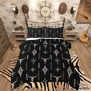 Erosebridal Boho Aztec Comforter Set King Bull Skull Bedding Set for Teens Young Western Ethnic Horns Comforter Geometric Aesthetic Art Room Decor Native Black Retro Symbol Duvet Quilt