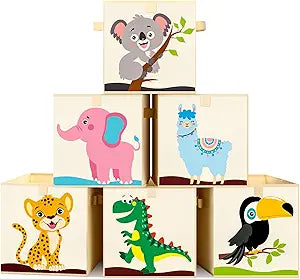 Kigley 6 Pcs Collapsible Cube Storage Bins Kids Foldable Storage Cube Organizer Fabric Toy Box Decorative Kids with Handles for Home Nursery Bedroom, 10.6 x 10.6 Inch(Classic Animal)