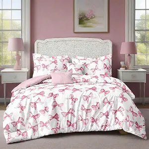 Nanko Queen Size Comforter Set, Pink and White Elegant Bow Pattern Soft Down Alternative Quilted Duvet Insert Bed Set, Modern Romantic Bedroom Decor Bedding Sets in a Bag for Women Teen, 90x90 3 Pcs