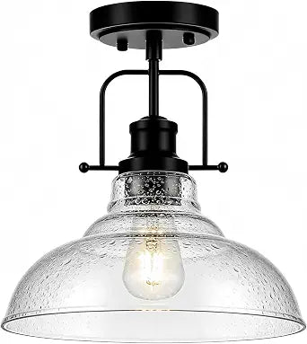 WILON Black Semi Flush Mount Ceiling Lights, Kitchen Lighting Fixtures with Seeded Glass Shade, Farmhouse Ceiling Lights for Kitchen Hallway Entryway Foyer Laundry Room