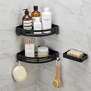Corner Shower Caddy Adhesive, 3 Pack Rustproof 304 Stainless Steel Bathroom Shower Organizer, No-Drill Corner Shower Shelves with Soap Holder for Inside Shower, Bathroom Storage, Black