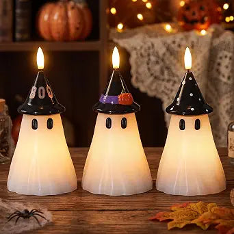 Halloween Decor Flameless Ghost Candles with Witch Hat, 3PCS