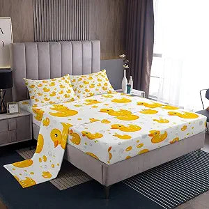 Erosebridal Cute Yellow Duck Full Bed Sheets Set,Kawaii Rubber Duck Bedding Set for Kids Girls Boys,Cartoon Animal Print Sheets,Gifts for Pet Lovers Funny Duck Fitted Sheet Set 4Pcs