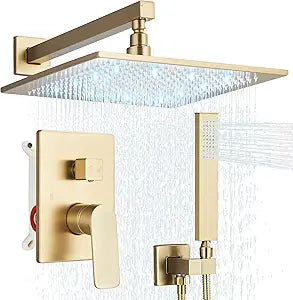 Brushed Gold Rain Shower System with 12 Inch LED Shower Head and Brass Handheld with Brass Valve and Trim Kit Shower Faucets Sets Complete