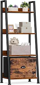 Furologee 4-Tier Ladder Shelf, Ladder Bookshelf with Removable Drawer, Rustic Bookcase Storage Rack Organizer, Wood Metal Freestanding Storage Shelves for Living Room, Home Office, Bedroom, Kitchen