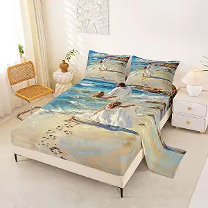 Homewish God with Kid Bed Sheet Twin Size,Bible Verses Christian Bedding Sets 3Pcs for Kids Girls Boys Teens Room Decor,Jesus Christian Fitted Sheets Ocean Beach Top Flat Sheet,1 Pillowcase