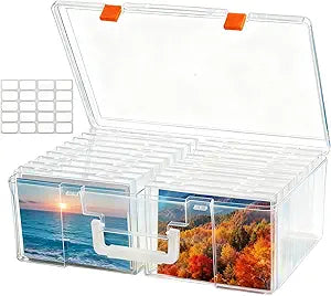 NINU Photo Storage Box with Handle, 5" x 7" Photo Organizer Storage Container with 18 Inner Case and 1 Sheet Blank Labels for Pictures, Arts, Crafts, Sewing, Seeds, Office Supplies (Clear)