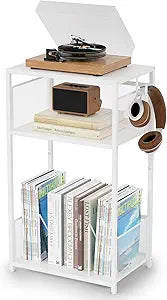 Aduanbang 3 Tier End Table,Record Player Stand with Storage Up to 100 Albums,Turntable Stand for Vinyl,White Records Shelf for Living Room Bedroom