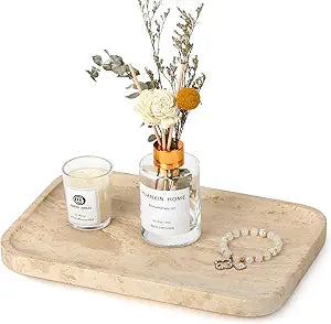 Natural Travertine Vanity Tray - Decorative Stone Marble Tray for Bathroom Countertop, Elegant Organizer for Home Decor, Jewelry, Candle, Makeup, Kitchen and Dresser Decor
