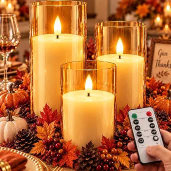 Amber Flameless Candles with Remote, 3 Pack Battery Operated Fall Candles