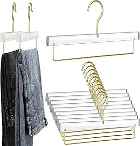 Chunful 10 Pcs Clear Pants Hanger Acrylic Clothes Hangers with Gold Hooks and Bar Heavy Duty Clothes Skirt Jeans Hook Storage and Organizer for Home Cabinet Shop Dress, 12.7 x 6 Inch