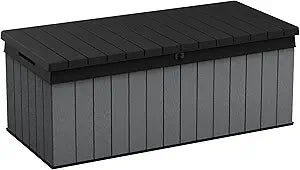 Keter Darwin 100 Gallon Resin Large Deck Box - Organization and Storage for Patio Furniture, Outdoor Cushions, Garden Tools and Pool Toys, Grey & Black
