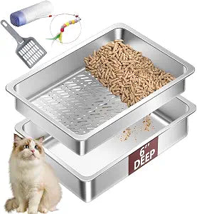 Stainless Steel Sifting Cat Litter Box for Pine Pellets, XL Extra Large Metal Cat Litter Box Sifter Pan with Litter Scoop, Low Dust, Odor Control, Easy Cleaning, 23.6" L x 15.7" W x 6" H