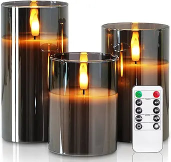 Homemory Grey Glass Flameless Candles, Real Wax, Remote Timer, 3 Pack