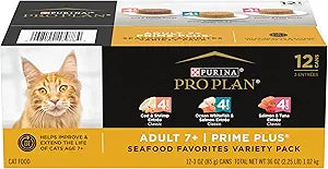 Purina Pro Plan Grain Free Senior Wet Cat Food Variety Pack Pate, SENIOR Seafood Favorites - (2 Packs of 12) 3 oz. Cans