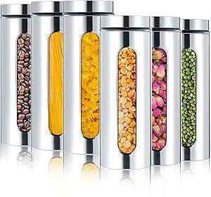 Mimorou 6 Pack Kitchen Canisters Set Airtight Coffee Sugar Tea Candy Storage Jars with Window Glass Stainless Steel Containers with Lids for Flour Cookies Spices Grains Kitchen Decorations (60 oz)